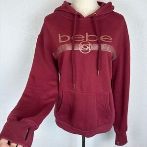 Bebe Sport Hoodie Gold Glitter Logo Pullover Hoodie Thumb‎ Holes Maroon Medium